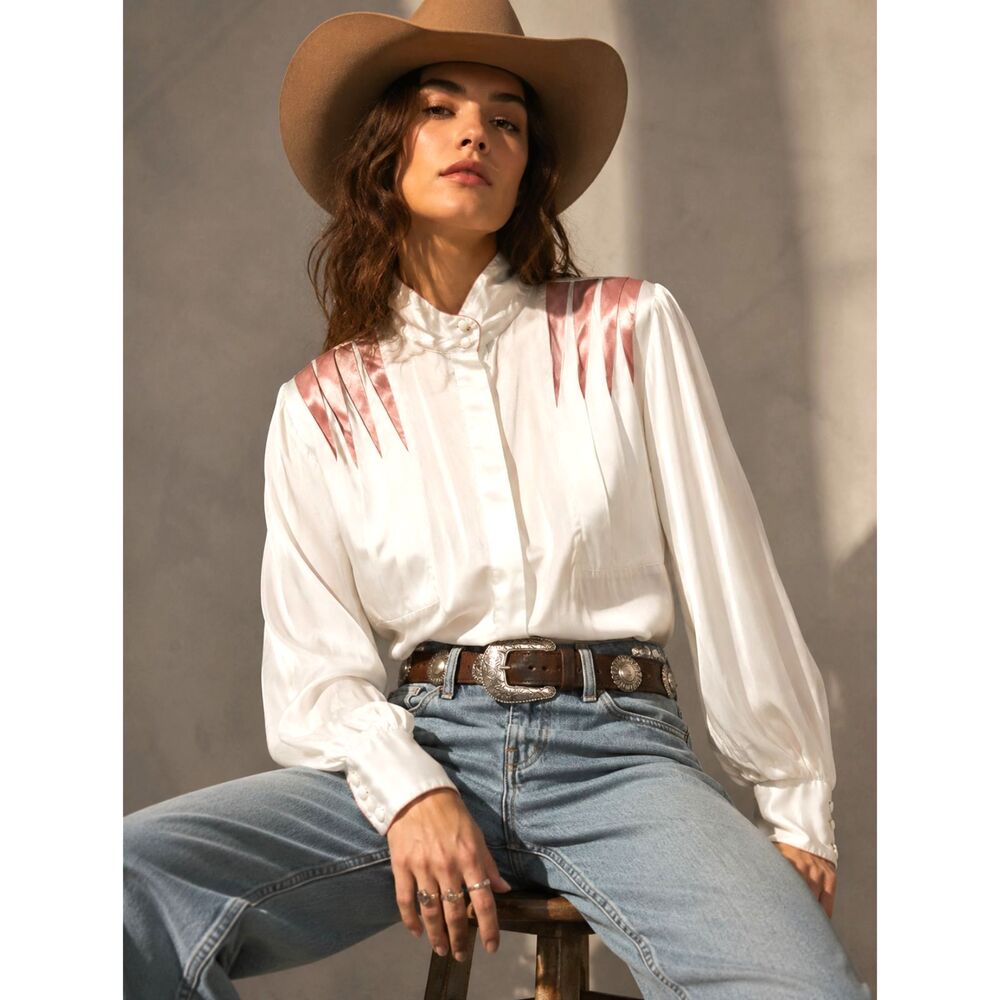 Vintage Nilani 80s Ivory Satin Blouse Pink Pleated Western Shoulder Detail 9/10
